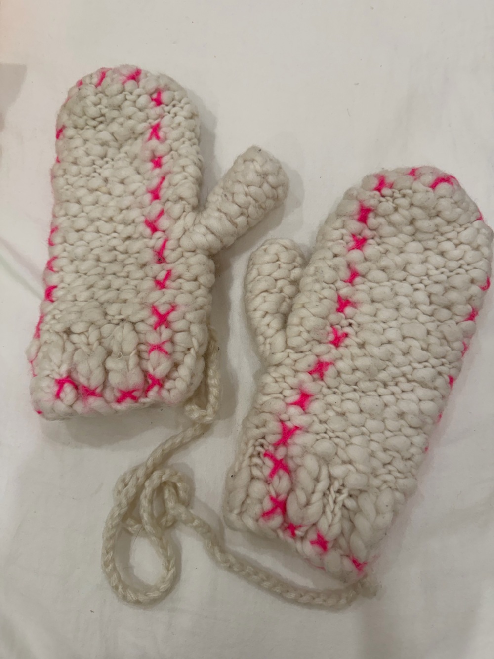 Free People Cream Knit Mittens with Neon Pink Stitching